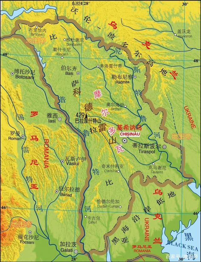 圖-摩爾多瓦地形圖摩爾多瓦位於烏克蘭與羅馬尼亞之間,面積約3.